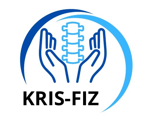 Logo firmy KRIS-FIZ przedstawiające stylizowane dłonie otaczające kręgosłup w odcieniach niebieskiego, umieszczone w okręgu.