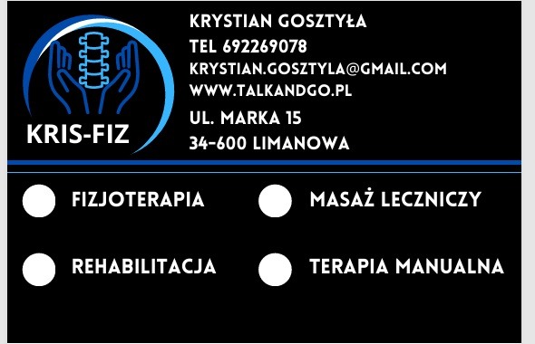 Wizytówka firmy Kris-Fiz z Limanowej, oferującej fizjoterapię, masaż leczniczy, rehabilitację i terapię manualną, z danymi kontaktowymi.