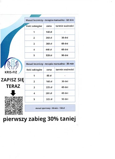 Cennik usług masażu leczniczego i sportowego, z informacją o zniżce na pierwszy zabieg i kodem QR do zapisu.