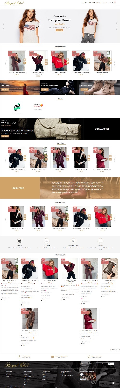 Zrzut ekranu strony internetowej sklepu odzieżowego Royal Chic, prezentujący ofertę produktów, w tym swetry, sukienki i buty, z wyraźnymi banerami promocyjnymi i logo firmy w lewym górnym rogu.