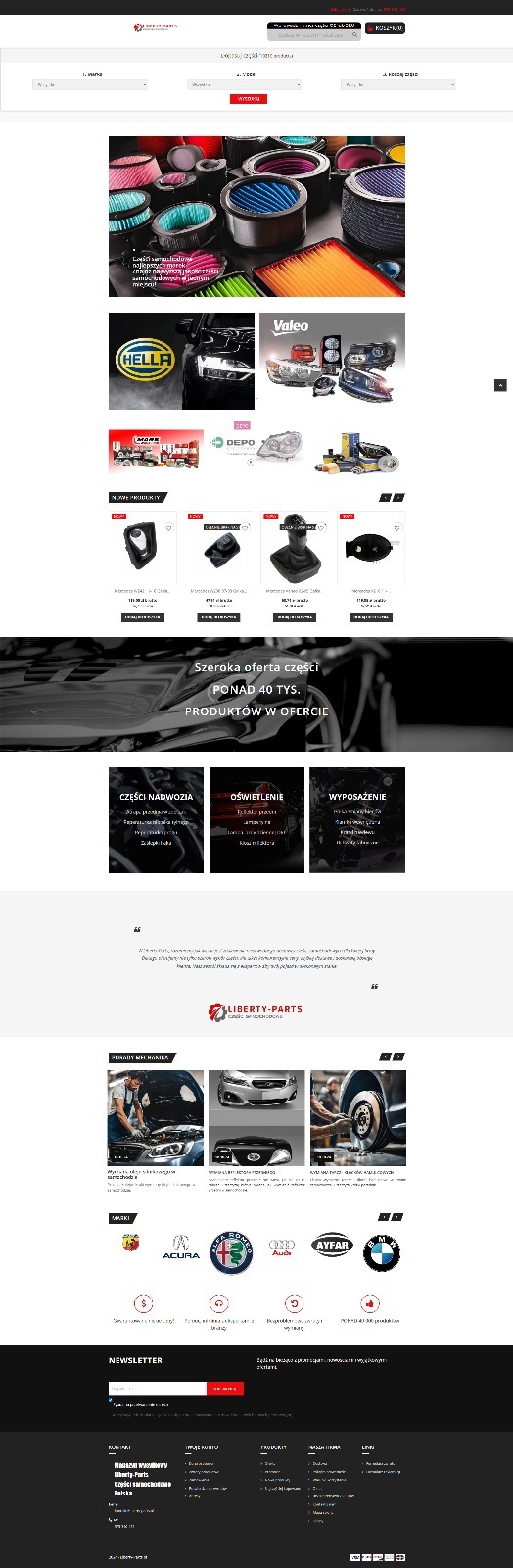 Strona internetowa sklepu z częściami samochodowymi Liberty-Parts, prezentująca filtry powietrza, oświetlenie HELLA i Valeo, części nadwozia oraz ofertę dla różnych marek aut.