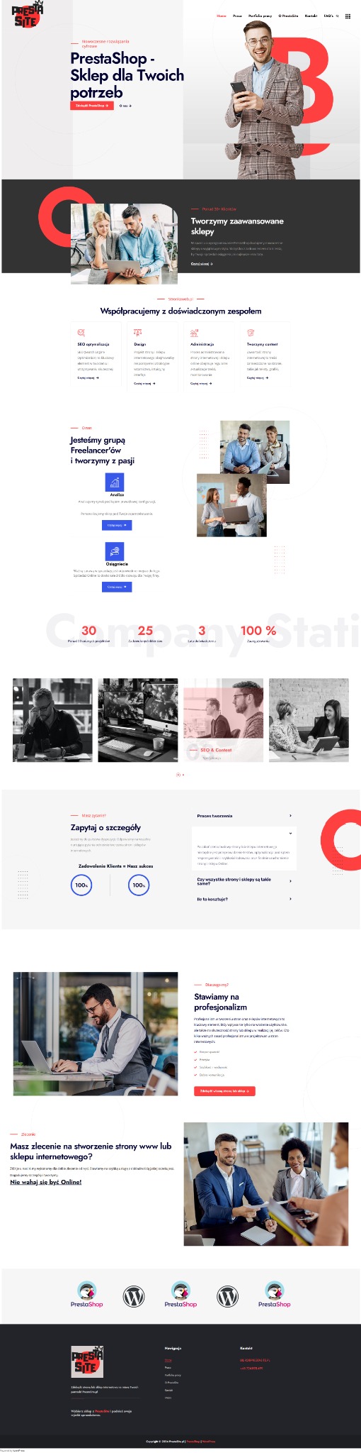 Strona internetowa prezentująca ofertę tworzenia sklepów internetowych PrestaShop, z widocznymi elementami interfejsu, grafikami i zdjęciami zespołu.