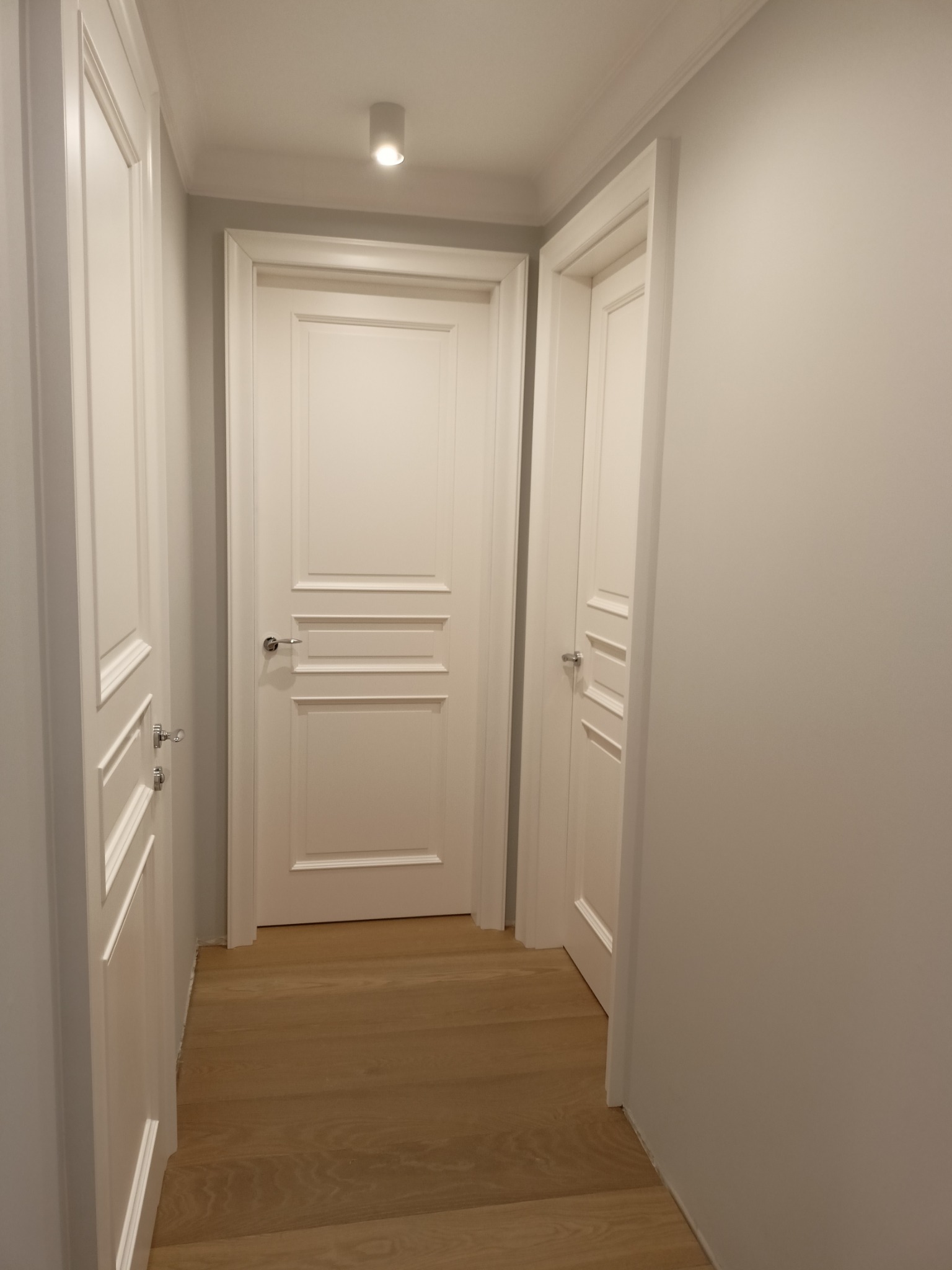 Korytarz z trzema białymi, panelowymi drzwiami, drewnianą podłogą i punktowym oświetleniem sufitowym.