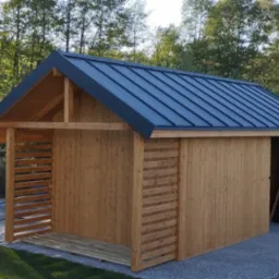 Drewniana altana z szarą, metalową dachówką, częściowo osłonięta ażurowymi panelami, z otwartymi drzwiami, na tle zieleni i słupa wysokiego napięcia.