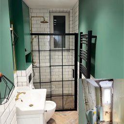 T-BUD - Zestawienie wyremontowanej łazienki z kabiną prysznicową z czarnymi ramami, złotą armaturą i zielonymi ścianami z widokiem na stan przed remontem z odsłoniętymi ścianami i podłogą.