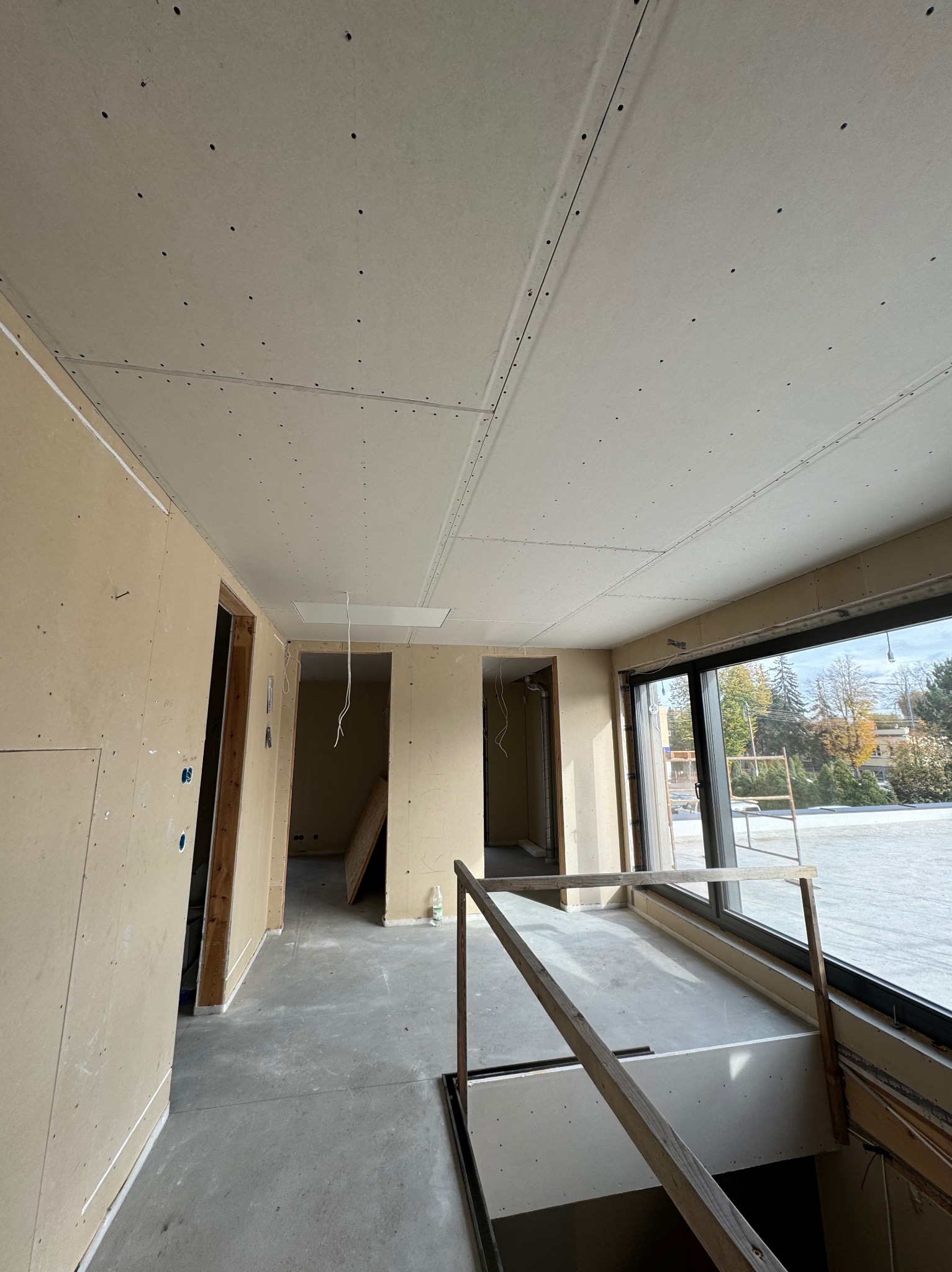 Wnętrze domu w surowym stanie z zamontowaną płytą karton gips na suficie i ścianach, widoczne otwory drzwiowe i duże okno z widokiem na zewnątrz.