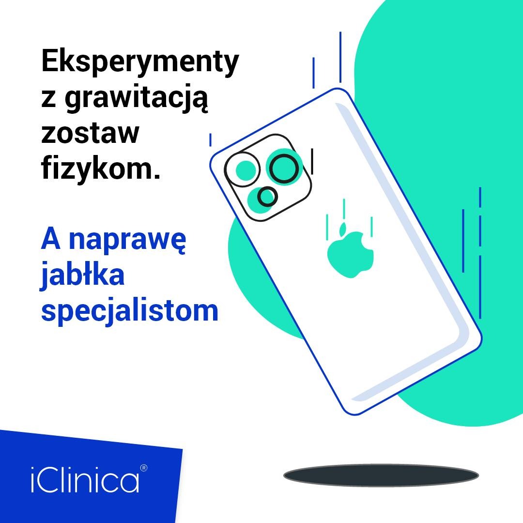 Grafika reklamowa z białym smartfonem z logo Apple, hasłem o naprawie i nazwą firmy iClinica, na tle z elementami w kolorze turkusowym.