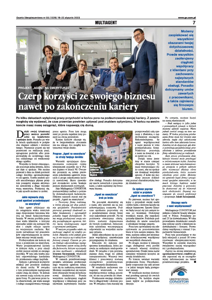 Artykuł prasowy o projekcie 'Agent na emeryturze' z grupą uśmiechniętych osób w tle, promujący korzyści z kontynuacji biznesu po zakończeniu kariery.