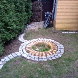 Kamienne Ogrody - Ścieżka z kostki granitowej prowadząca do okrągłego klombu z obrzeżem z kostki, tło: zielony żywopłot i ściana budynku.