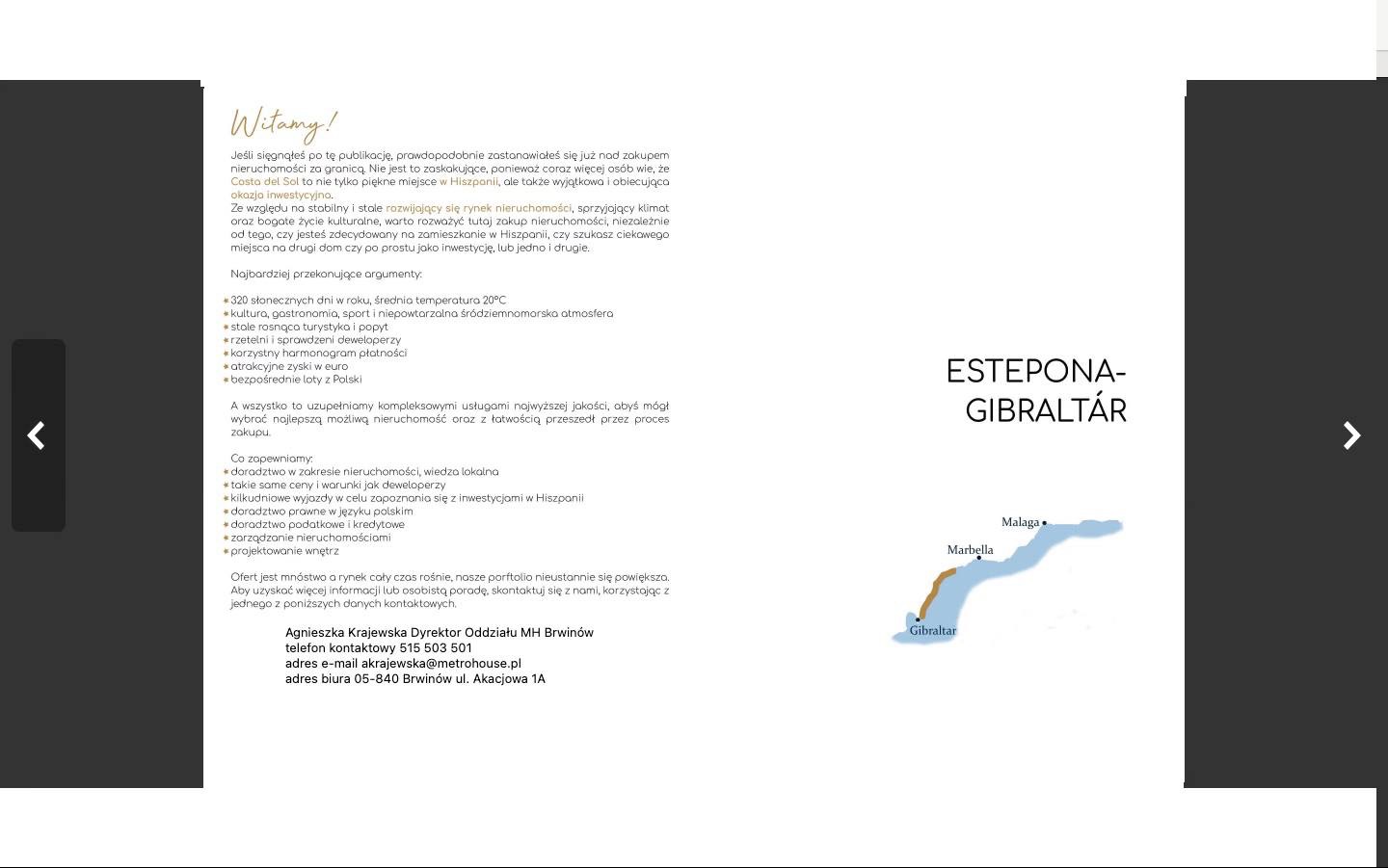 Grafika informacyjna z tekstem reklamowym o inwestycjach w nieruchomości w Hiszpanii, wskazująca lokalizacje Estepona, Gibraltar, Malaga i Marbella na mapie wybrzeża.
