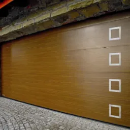 Segmentowa brama garażowa z drewnopodobnym panelem i czterema kwadratowymi aplikacjami, wkomponowana w kamienne obramowanie wjazdu.