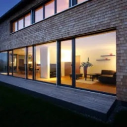 Nowoczesny dom z elewacją pokrytą drewnianym gontem i dużymi przesuwnymi oknami aluminiowymi, widok z zewnątrz na oświetlone wnętrze salonu i jadalni.