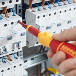 Ręka elektryka w trakcie pracy ze śrubokrętem przy zabezpieczeniach elektrycznych marki Siemens w rozdzielni, widoczne kable w kolorach niebieskim i brązowym.