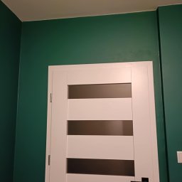 RIW remonty i wykończenia - Białe drzwi wewnętrzne z poziomymi przeszkleniami na tle ściany pomalowanej na butelkową zieleń, widoczny fragment sufitu i włącznika światła