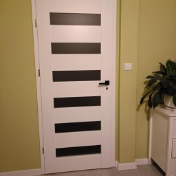 RIW remonty i wykończenia - Białe drzwi wewnętrzne z poziomymi, ciemnymi przeszkleniami, zamontowane w pokoju z zielonymi ścianami, widoczny fragment białej komody i rośliny doniczkowej.