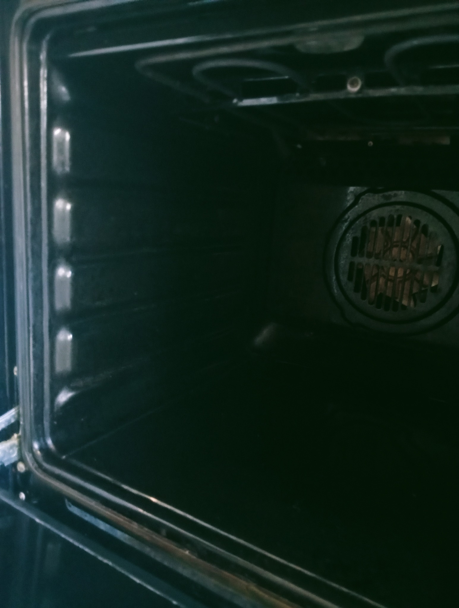 Wnętrze brudnego piekarnika w Grudziądzu przed czyszczeniem, widoczne przypalone resztki jedzenia i tłuszcz na ściankach oraz grzałce.