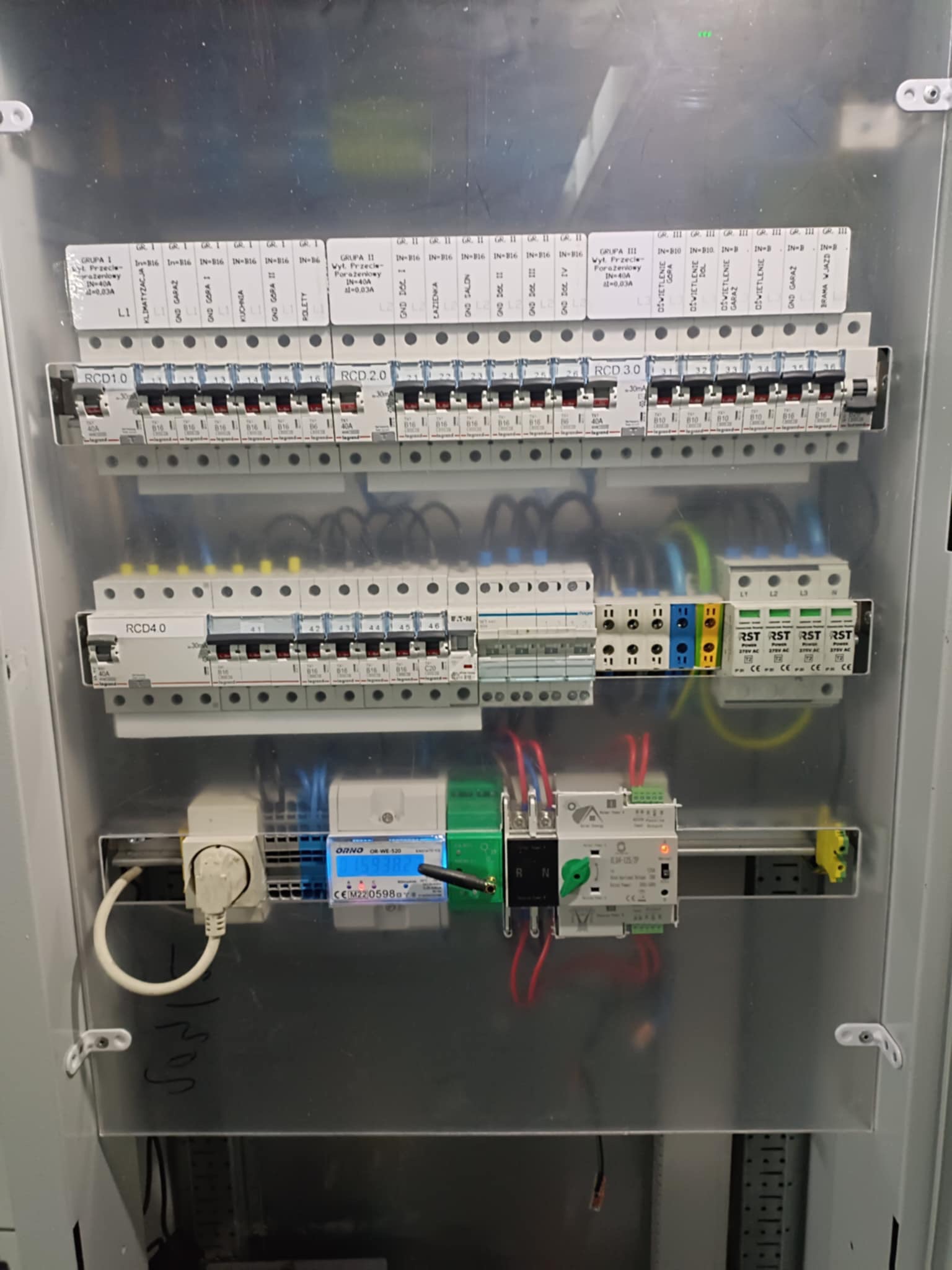 Wnętrze skrzynki elektrycznej z bezpiecznikami, wyłącznikami różnicowoprądowymi RCD1.0, RCD2.0, RCD3.0, RCD4.0, modułami RST i licznikiem ORNO, widoczne przewody i oznaczenia obwodów.