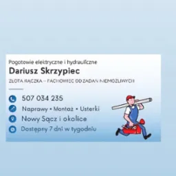 Wizytówka firmy Dariusz Skrzypiec: pogotowie elektryczne i hydrauliczne, złota rączka, naprawy, montaż, usterki. Dostępny 7 dni w tygodniu w Nowym Sączu. Kontakt: 507 034 235.