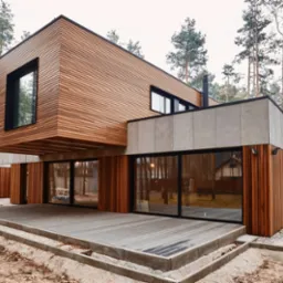 Nowoczesny dom z elewacją z drewnianych paneli, betonowymi elementami i tarasem z desek kompozytowych, otoczony sosnowym lasem.