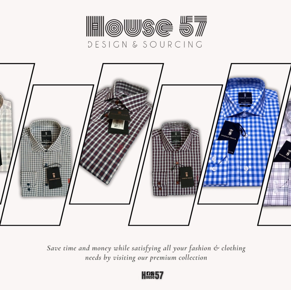 Kolekcja złożonych, eleganckich koszul w kratę marki House 57, zaprezentowana w graficzny sposób z logo i hasłem reklamowym. Widoczne metki i różne wzory kraty.