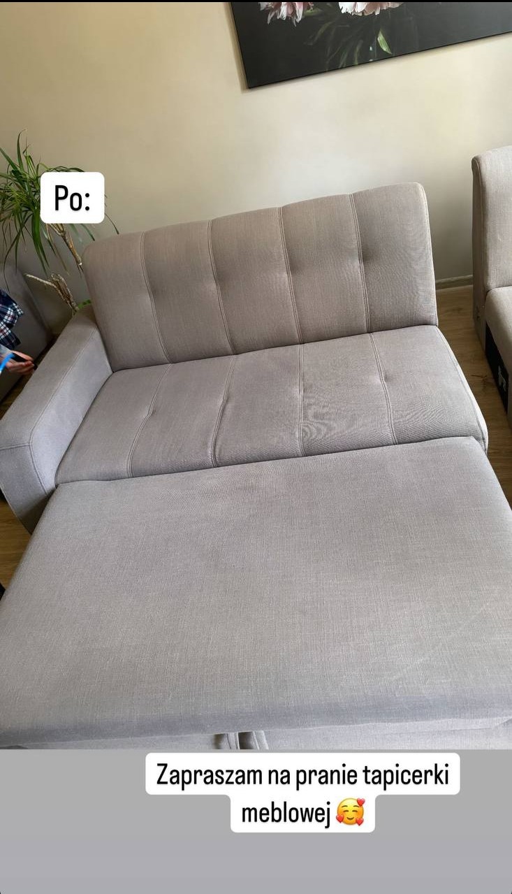 Jasnoszara rozkładana sofa z wysuwanym podnóżkiem, widoczny efekt po czyszczeniu, plama została usunięta.