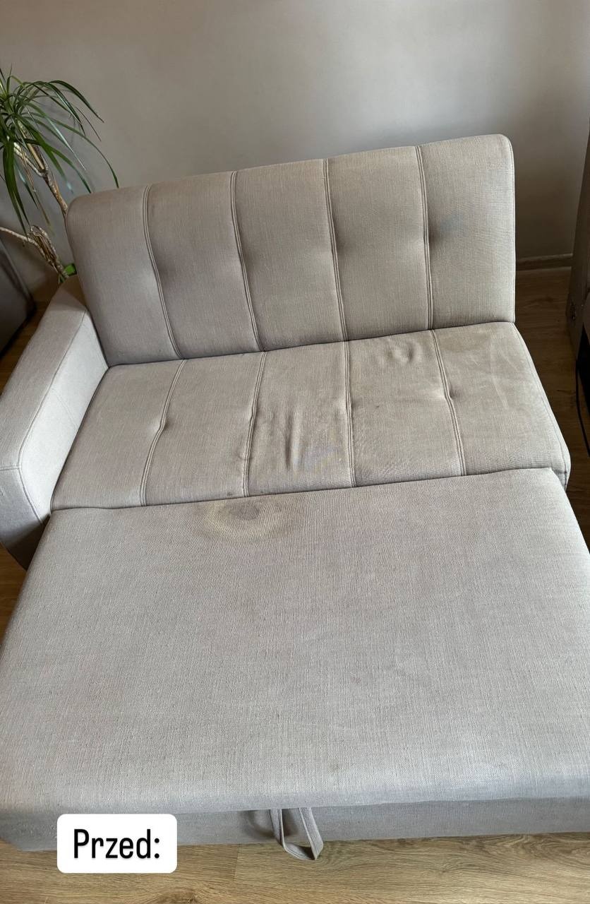 Rozkładana, beżowa kanapa z widocznymi plamami na siedzisku, sfotografowana z bliska przed czyszczeniem, roślina w tle.