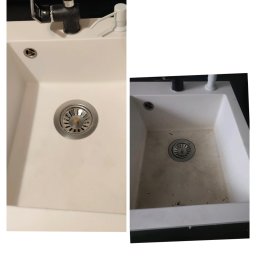 Czyste Wnętrze Paulina Lewandowska - Porównanie: Biały, matowy zlew kuchenny przed i po czyszczeniu, widoczne ślady brudu i osadu, czarny kran z dozownikiem mydła w tle.