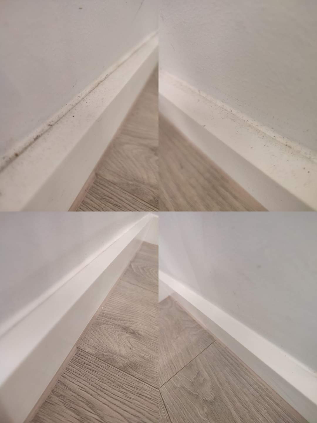 Kolaż przedstawiający cztery ujęcia dolnych partii ściany i podłogi: dwa pokazują zabrudzone listwy przypodłogowe i ślady kurzu na ścianie, a dwa pozostałe ukazują te same miejsca po czyszczeniu,...