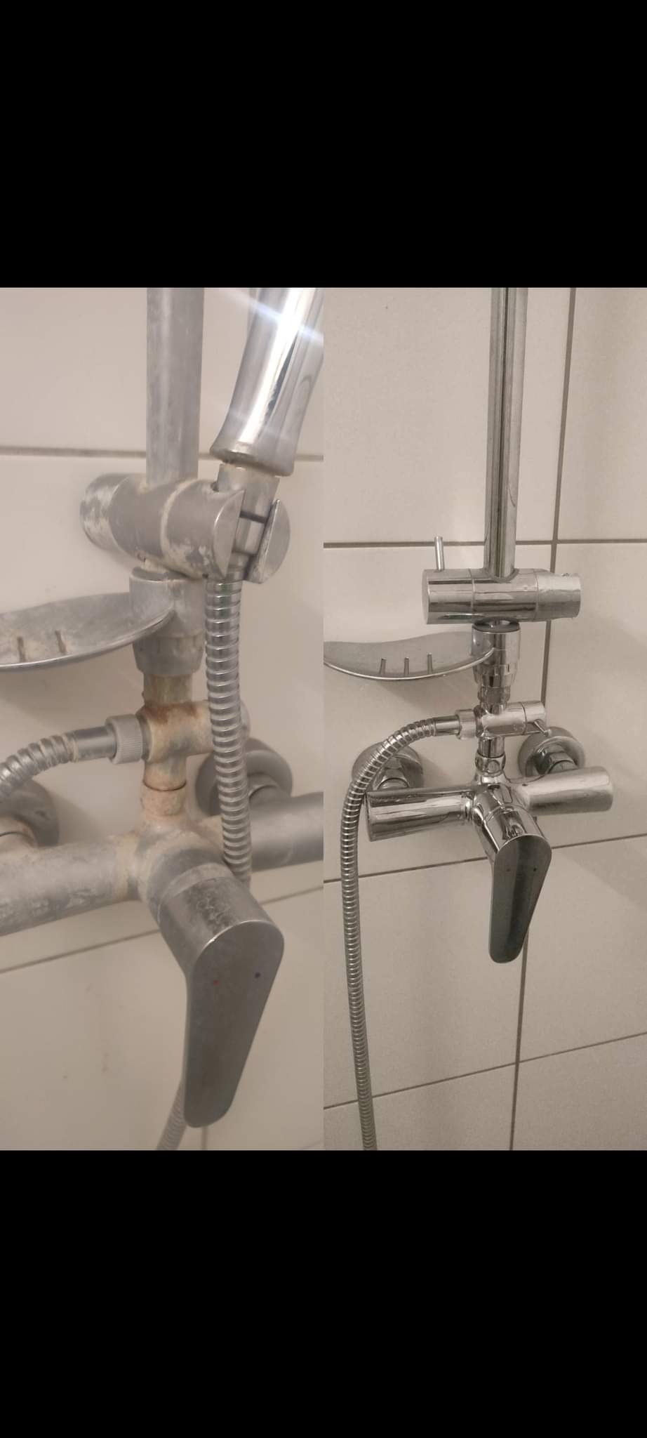 Porównanie baterii prysznicowej przed i po czyszczeniu, widoczne osady i rdza usunięte z metalu.