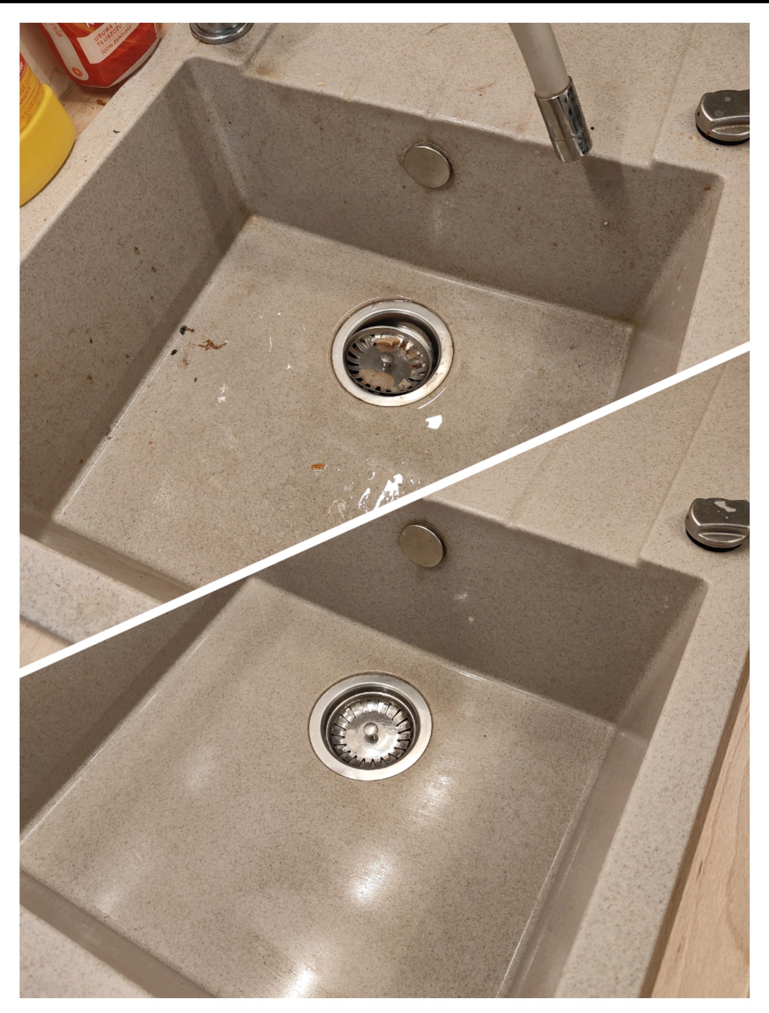 Dwuczęściowe ujęcie zlewu granitowego: górna część przed czyszczeniem z resztkami i plamami, dolna część po czyszczeniu, ukazująca lśniący, czysty zlew z odpływem.