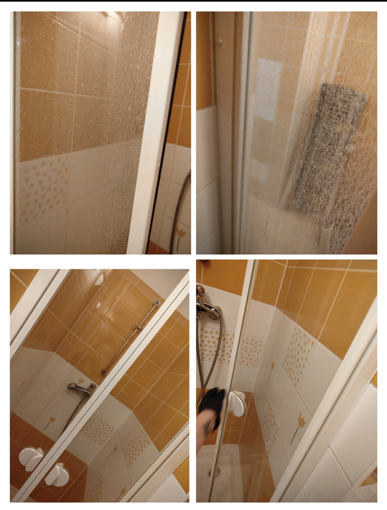 Czteropanelowe ujęcie kabiny prysznicowej: przed czyszczeniem z widocznym osadem, w trakcie czyszczenia z użyciem gąbki, oraz po czyszczeniu z widocznymi żółtymi i białymi płytkami w tle.