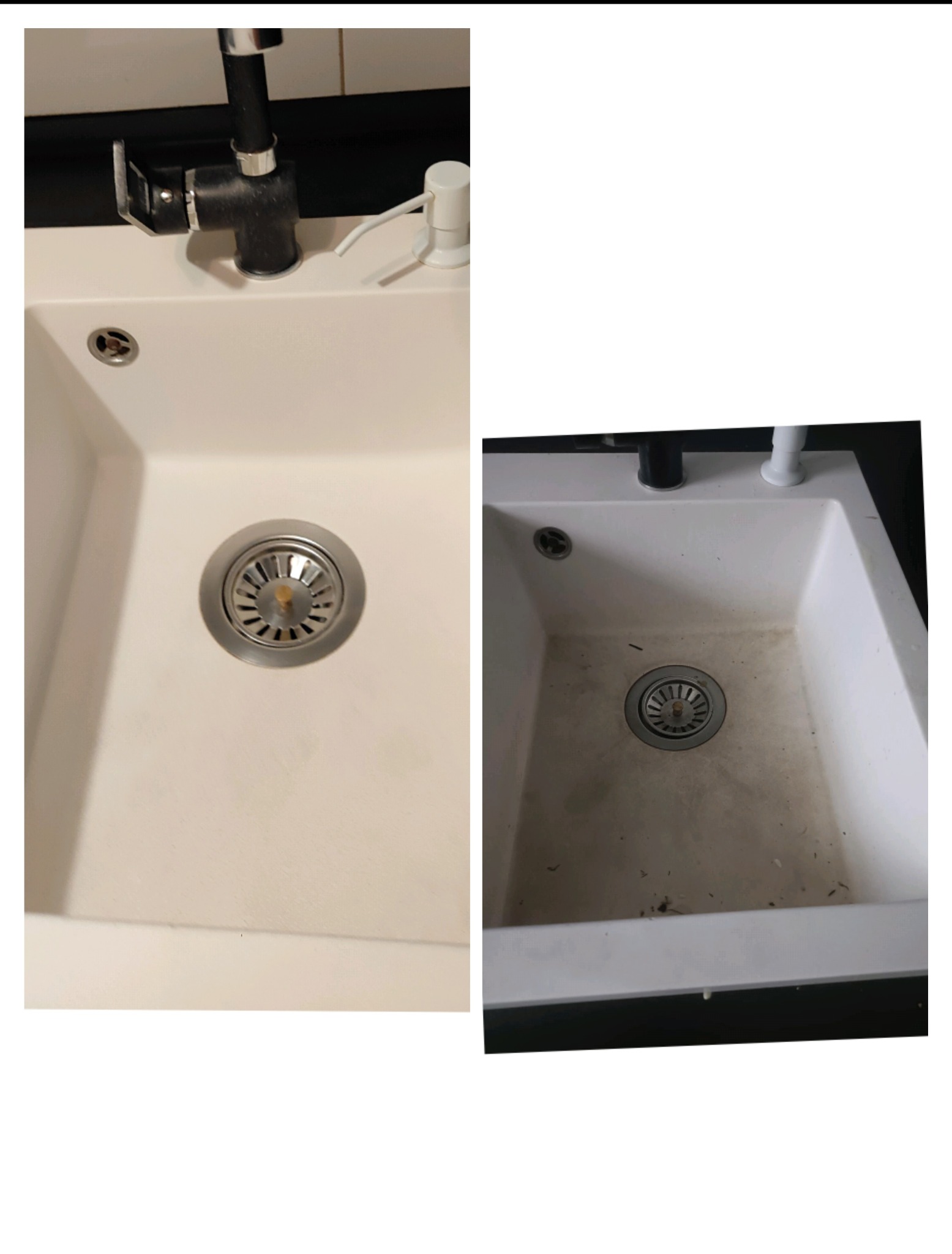 Porównanie: Biały, matowy zlew kuchenny przed i po czyszczeniu, widoczne ślady brudu i osadu, czarny kran z dozownikiem mydła w tle.