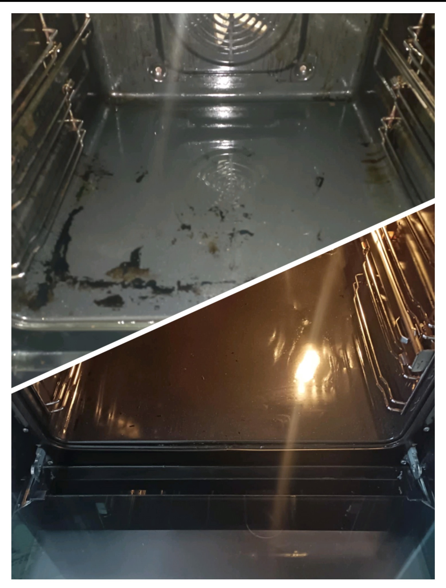 Wnętrze piekarnika podzielone ukośnie na dwie części: górna ukazuje mocno zabrudzone dno i ścianki, dolna prezentuje czyste, lśniące wnętrze po czyszczeniu.