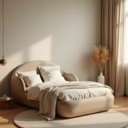 Beżowe łóżko z zaokrąglonym zagłówkiem, białymi poduszkami i narzutą, na okrągłym dywanie, obok stolik z książkami i wazon z suszonymi trawami, oświetlone naturalnym światłem wpadającym przez okno...