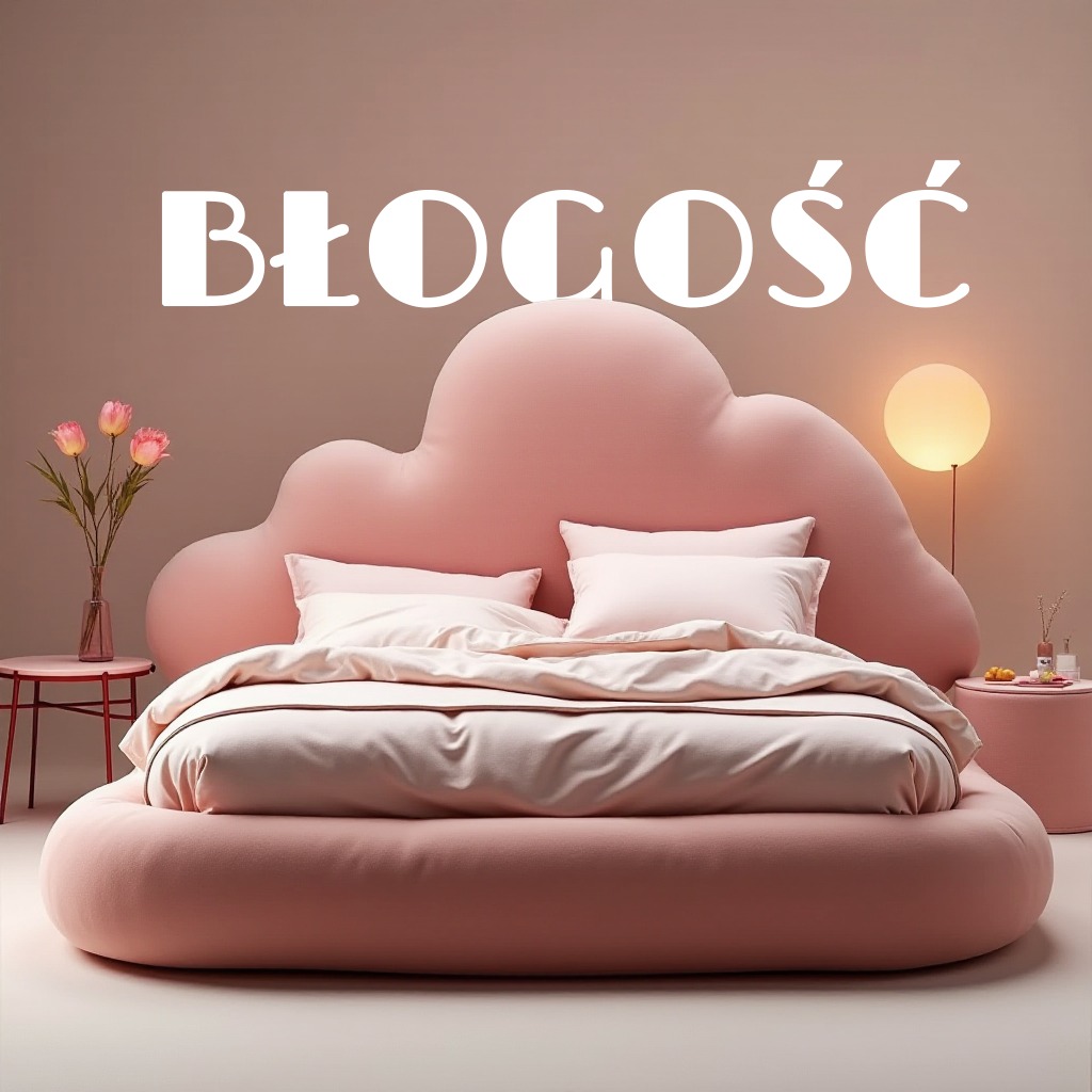 Różowe łóżko w kształcie chmury z pościelą w odcieniach różu, obok stolik z tulipanami i lampa, całość w pastelowej tonacji.