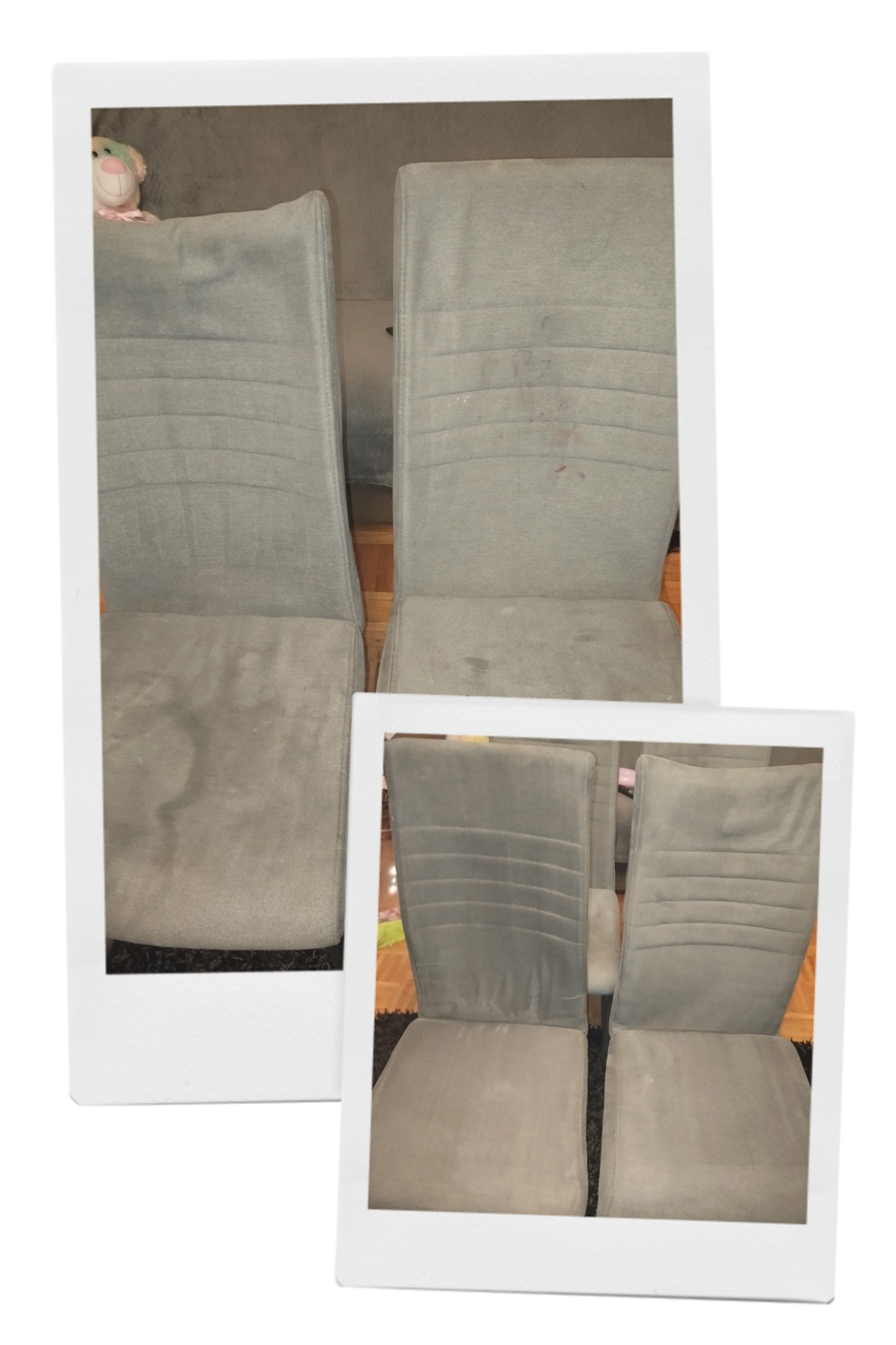 Dwa zdjęcia krzeseł tapicerowanych z widocznymi plamami i zabrudzeniami na siedziskach i oparciach. Na jednym ze zdjęć widoczny pluszowy miś w tle.