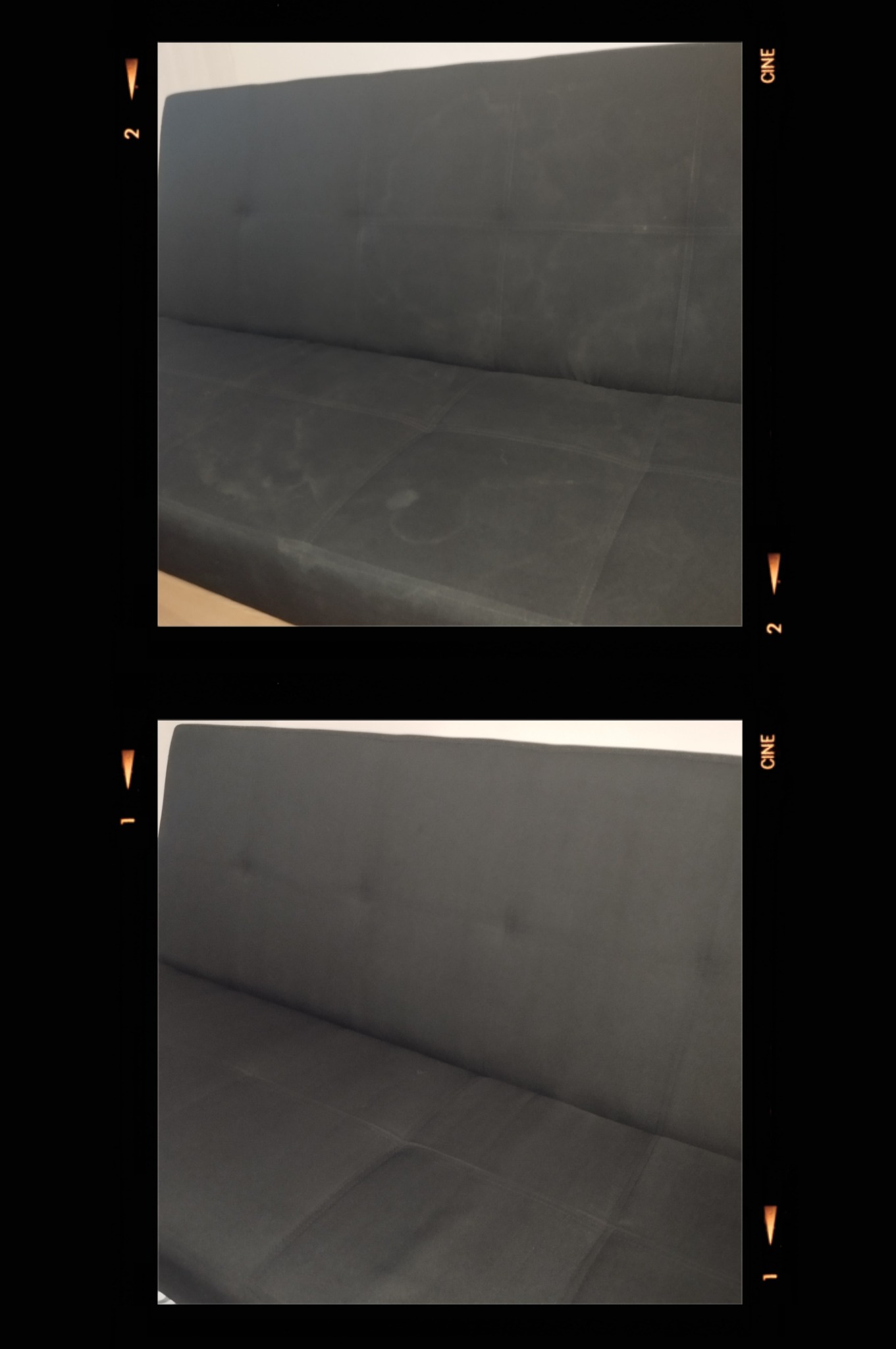 Dwa ujęcia tej samej, ciemnej kanapy. Górne zdjęcie ukazuje kanapę z widocznymi plamami na siedzisku, dolne zdjęcie przedstawia tę samą kanapę po czyszczeniu, bez plam.