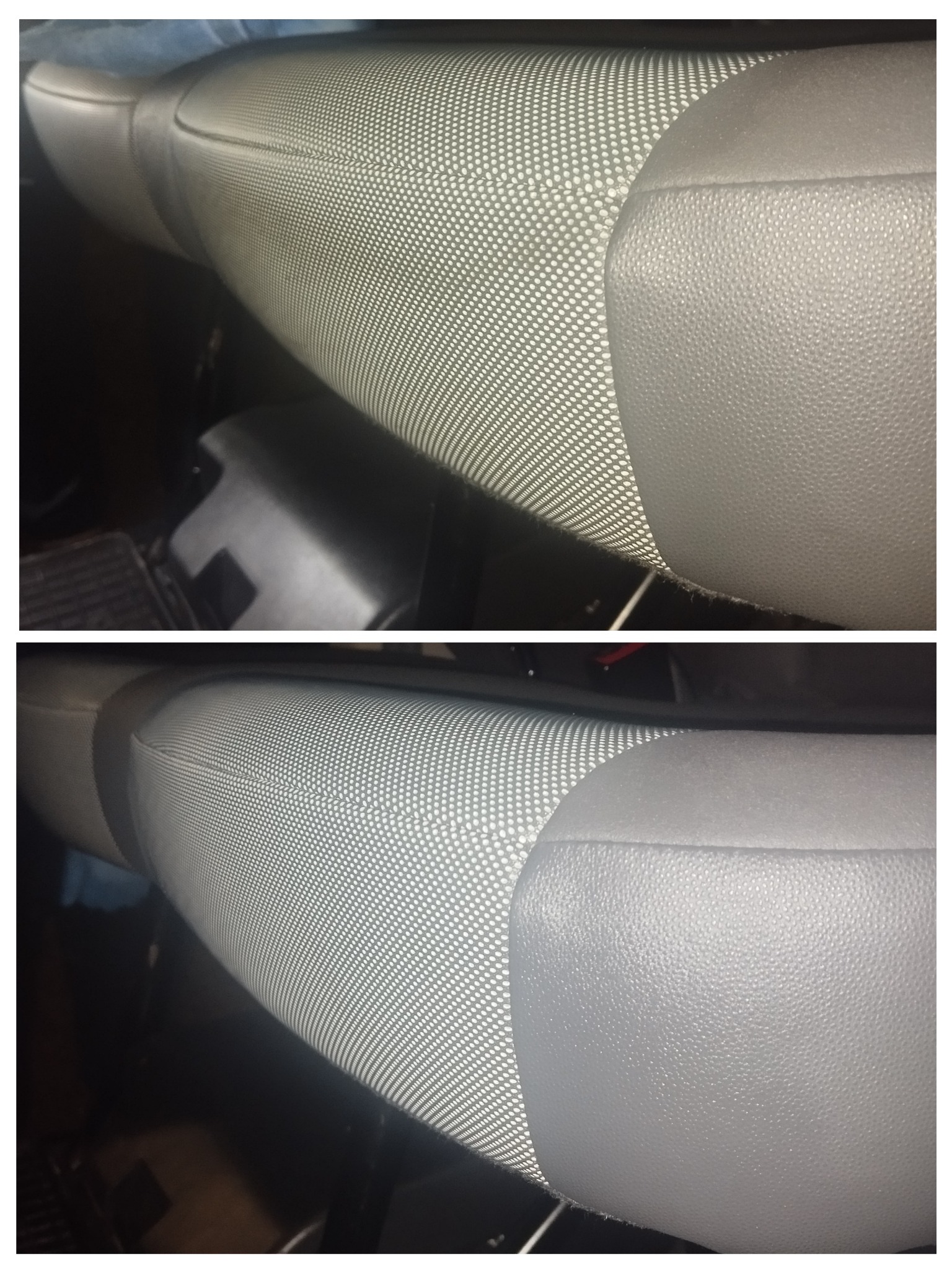 Dwa ujęcia fragmentu szarego fotela samochodowego z tapicerką w drobny wzór, widoczne detale faktury materiału i szwy.