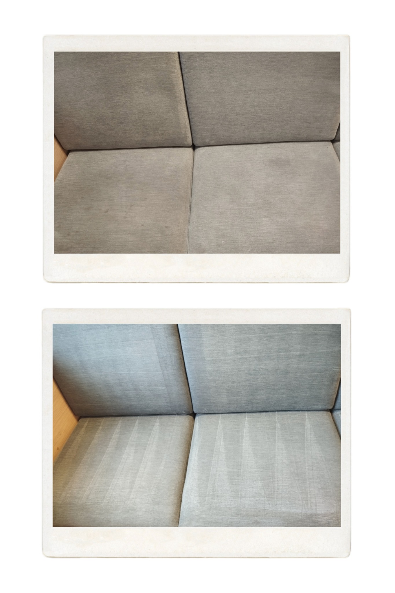 Dwa ujęcia fragmentu szarej sofy: górne przed czyszczeniem, z widocznymi plamami, dolne po czyszczeniu, z wyraźnymi śladami po odkurzaczu piorącym.