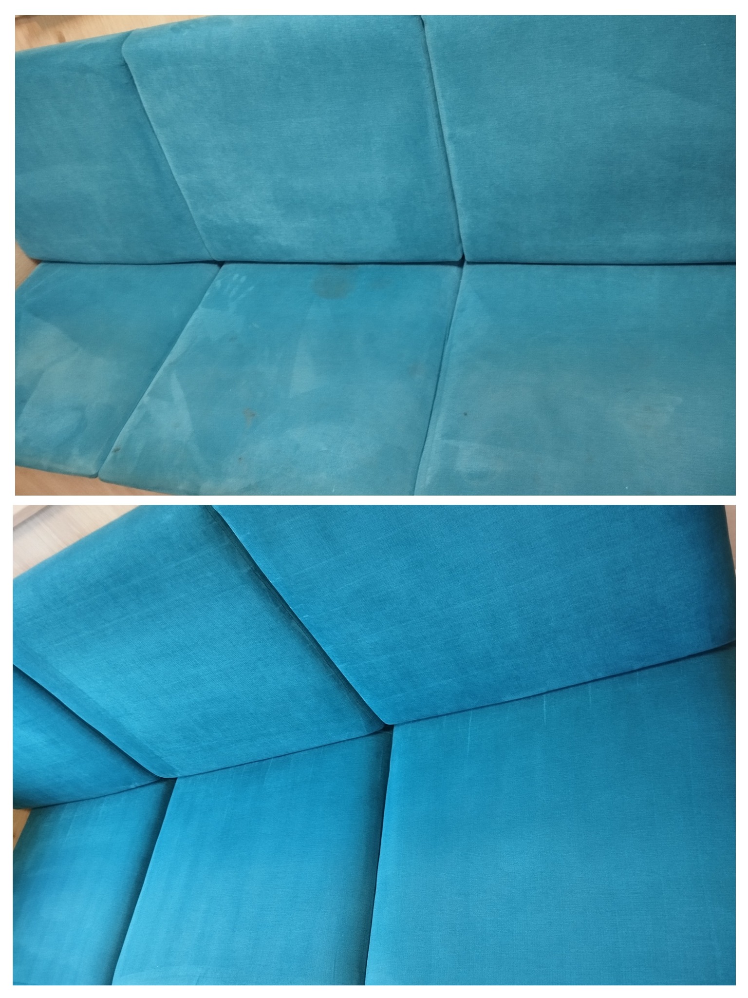 Porównanie stanu turkusowej kanapy przed i po czyszczeniu we Wrocławiu, widoczne usunięte plamy i odświeżony kolor tapicerki.