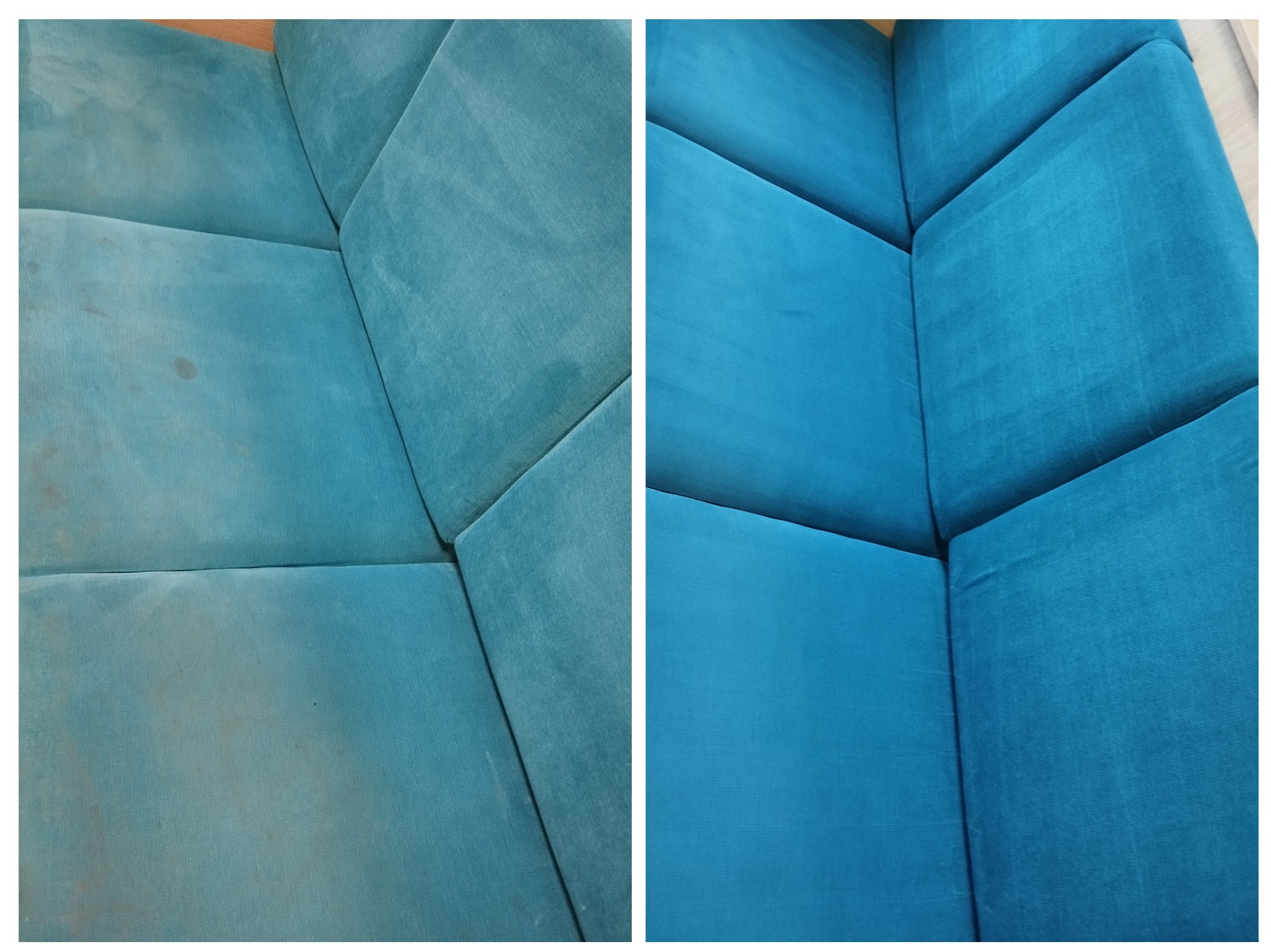 Turkusowa kanapa w ujęciu przed i po czyszczeniu, widoczne wyraźne różnice w czystości tapicerki