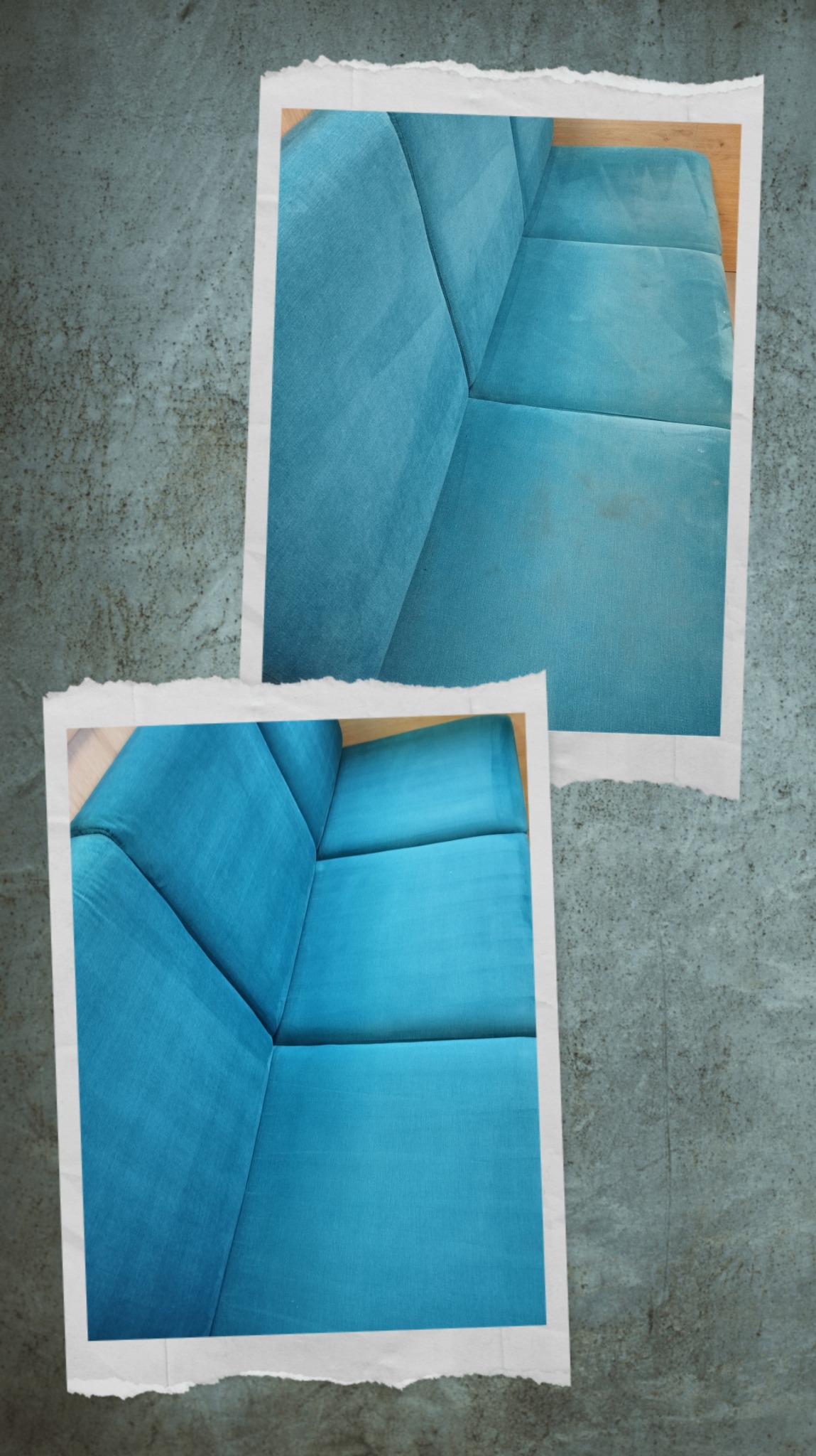 Dwa zdjęcia narożnika w stylu polaroid nałożone na szare tło. Górne zdjęcie przedstawia narożnik z widocznym zabrudzeniem na siedzisku, dolne zdjęcie pokazuje narożnik po czyszczeniu, z wyraźnie...