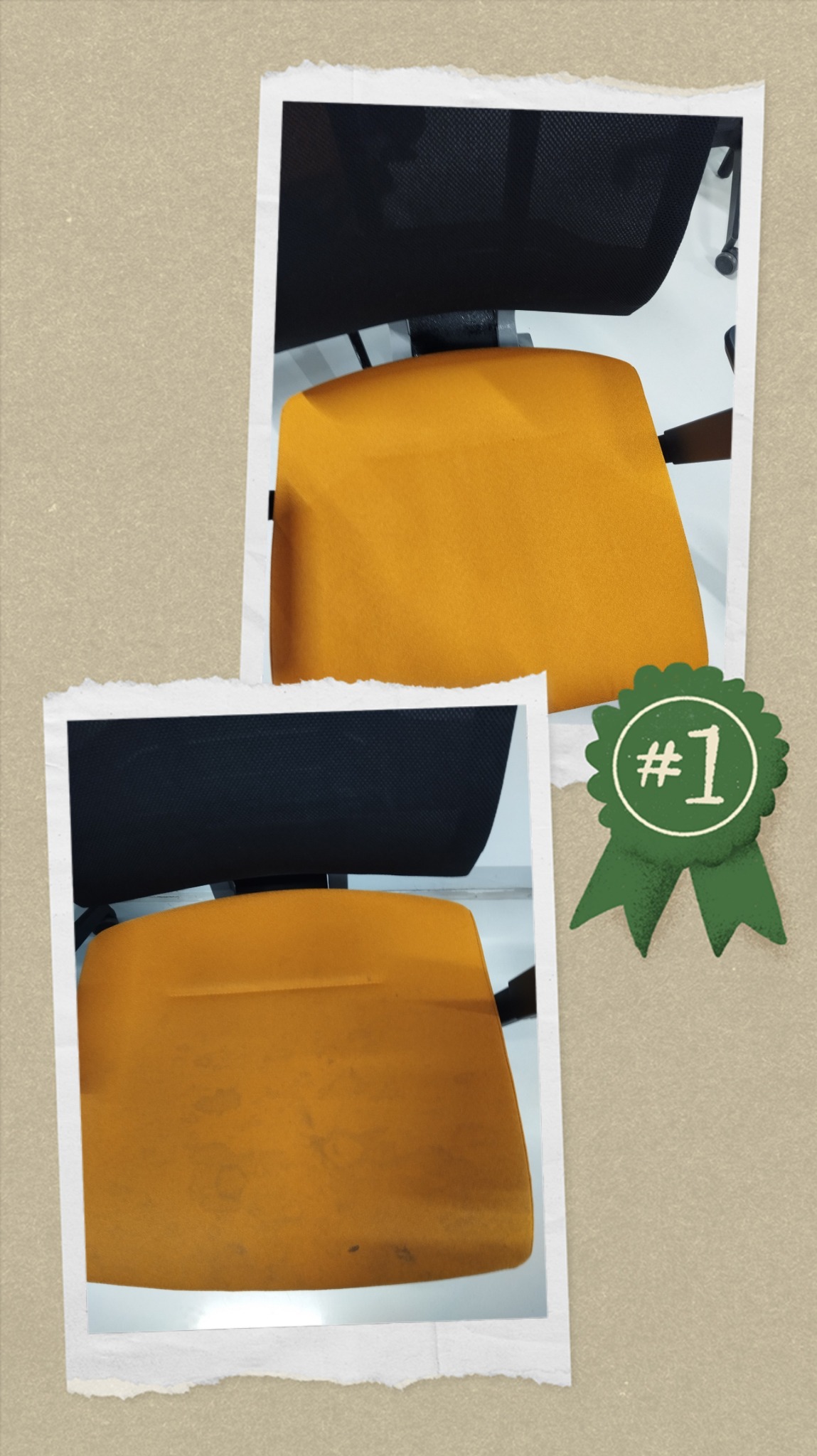 Dwa zdjęcia krzesła biurowego: jedno czyste, drugie z plamami, na tle kolażu z nagrodą #1.