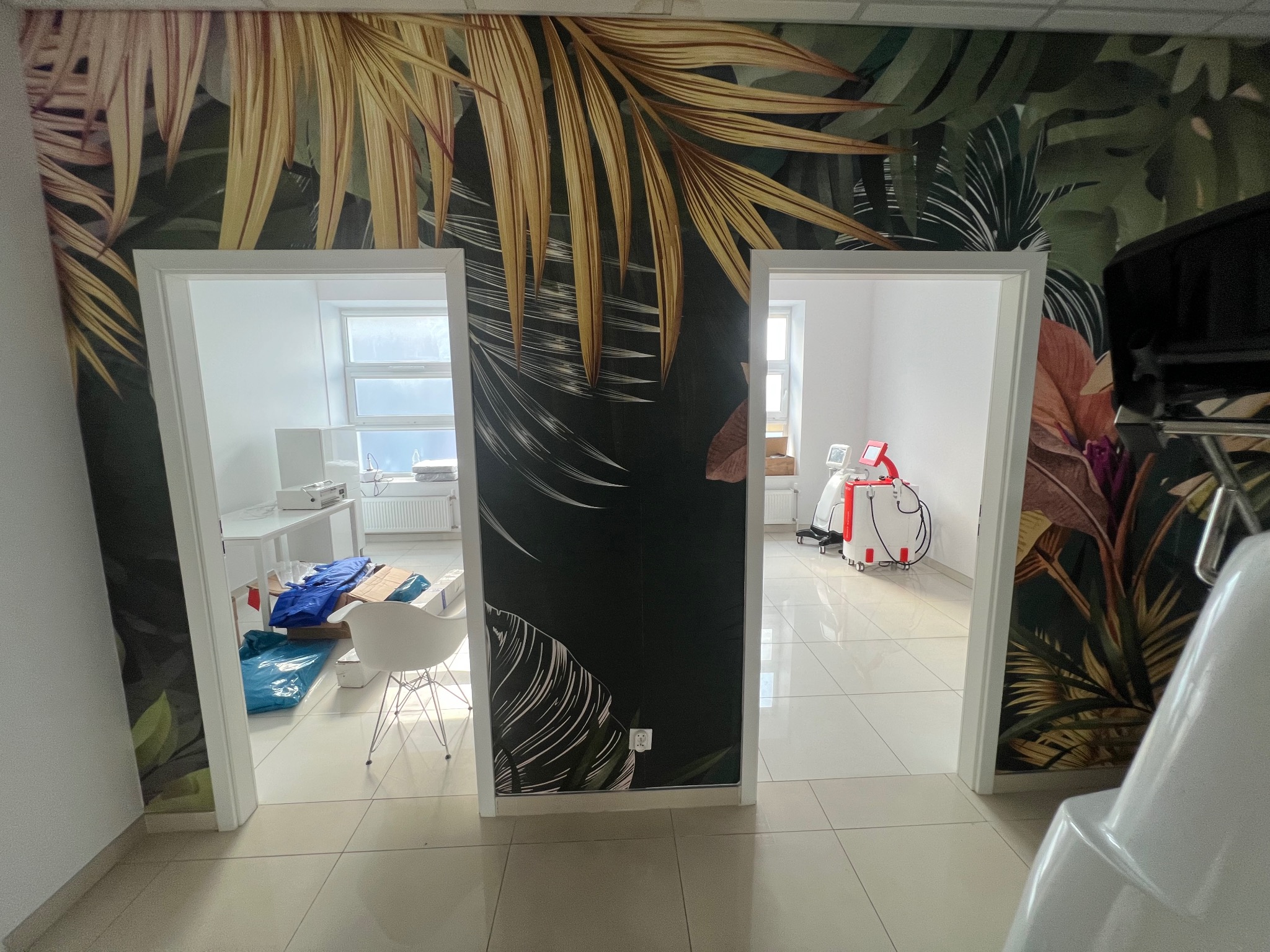 Ściana z fototapetą w motywy roślinne, widoczna przez dwa otwarte przejścia do pomieszczeń z białymi ścianami i sprzętem medycznym.