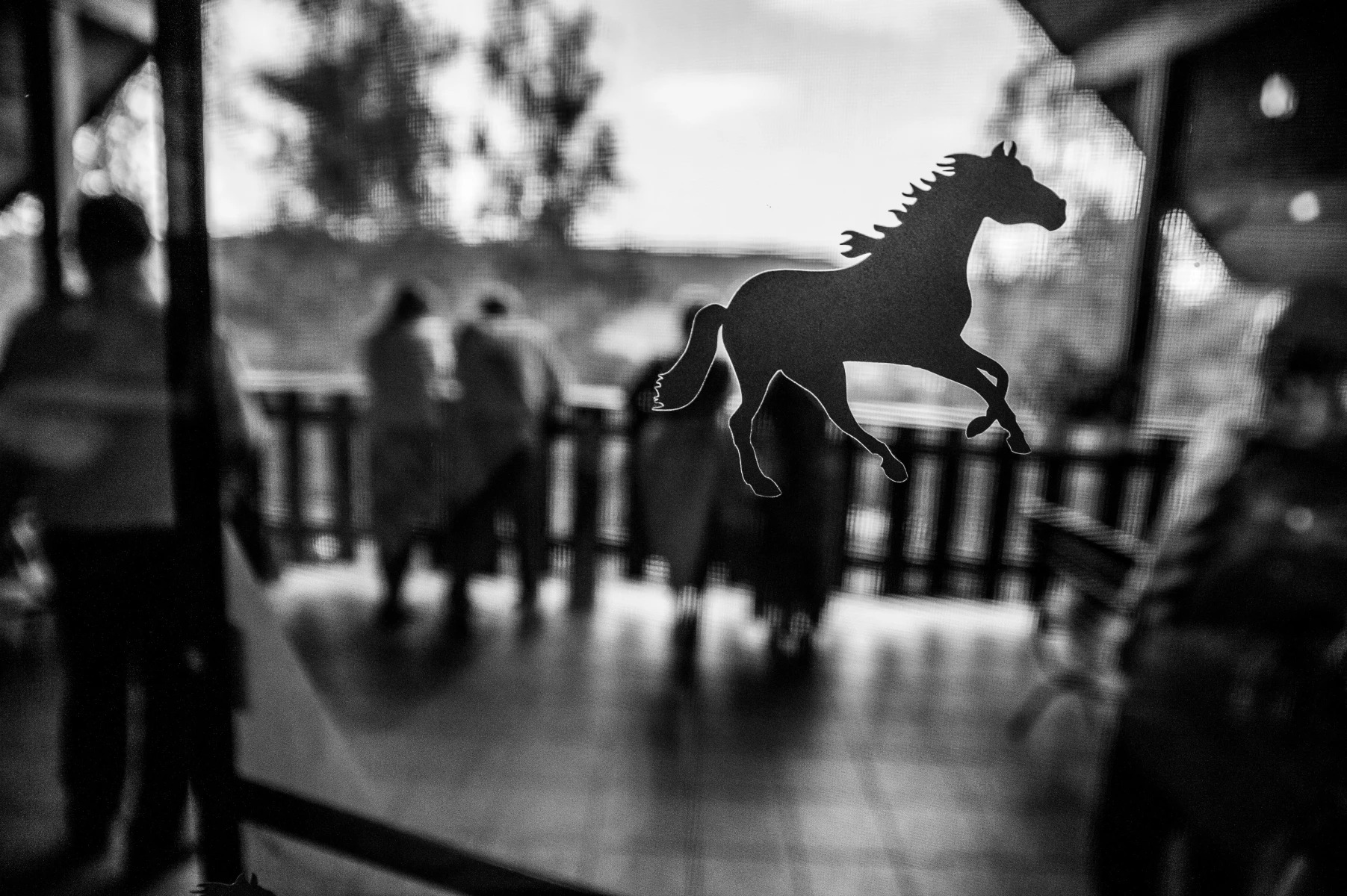 Czarno-białe zdjęcie sylwetki konia naklejonej na szklaną powierzchnię, za którą widać rozmyte postacie ludzi i elementy architektury.