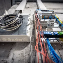 Otwarta skrzynka rozdzielcza z widocznymi bezpiecznikami i podłączonymi przewodami w kolorach czerwonym, niebieskim i żółtym, obok zwój przewodów czarno-białych, zamontowane na surowej, betonowej...