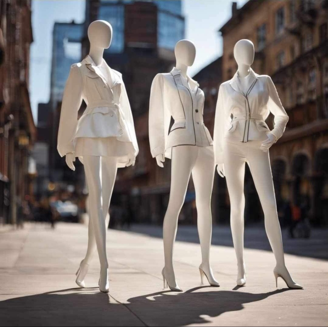 Trzy manekiny prezentują białe komplety odzieży damskiej: asymetryczny żakiet z paskiem, żakiet z czarną lamówką i dopasowane spodnie, ustawione na tle miejskiej ulicy z nowoczesnym budynkiem w tle.