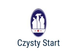 Logo firmy sprzątającej: trzy białe butelki środków czystości na tle granatowej elipsy z czerwonymi gwiazdkami, poniżej granatowy napis 'Czysty Start'.