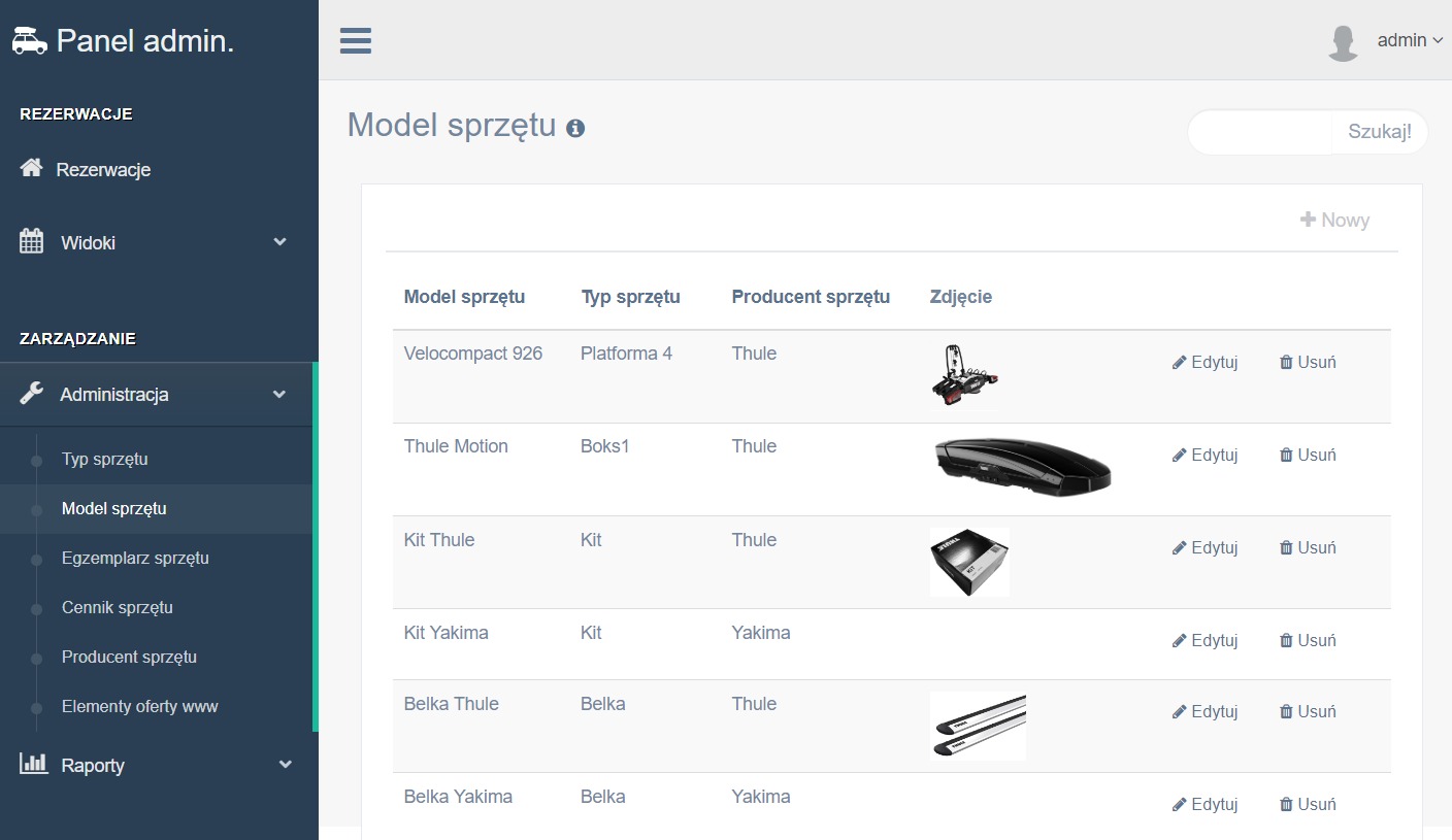 Interfejs panelu administracyjnego z listą modeli sprzętu do wypożyczenia, zawierającą kolumny: Model sprzętu, Typ sprzętu, Producent sprzętu, Zdjęcie oraz opcje Edytuj i Usuń. Wyświetlone modele...