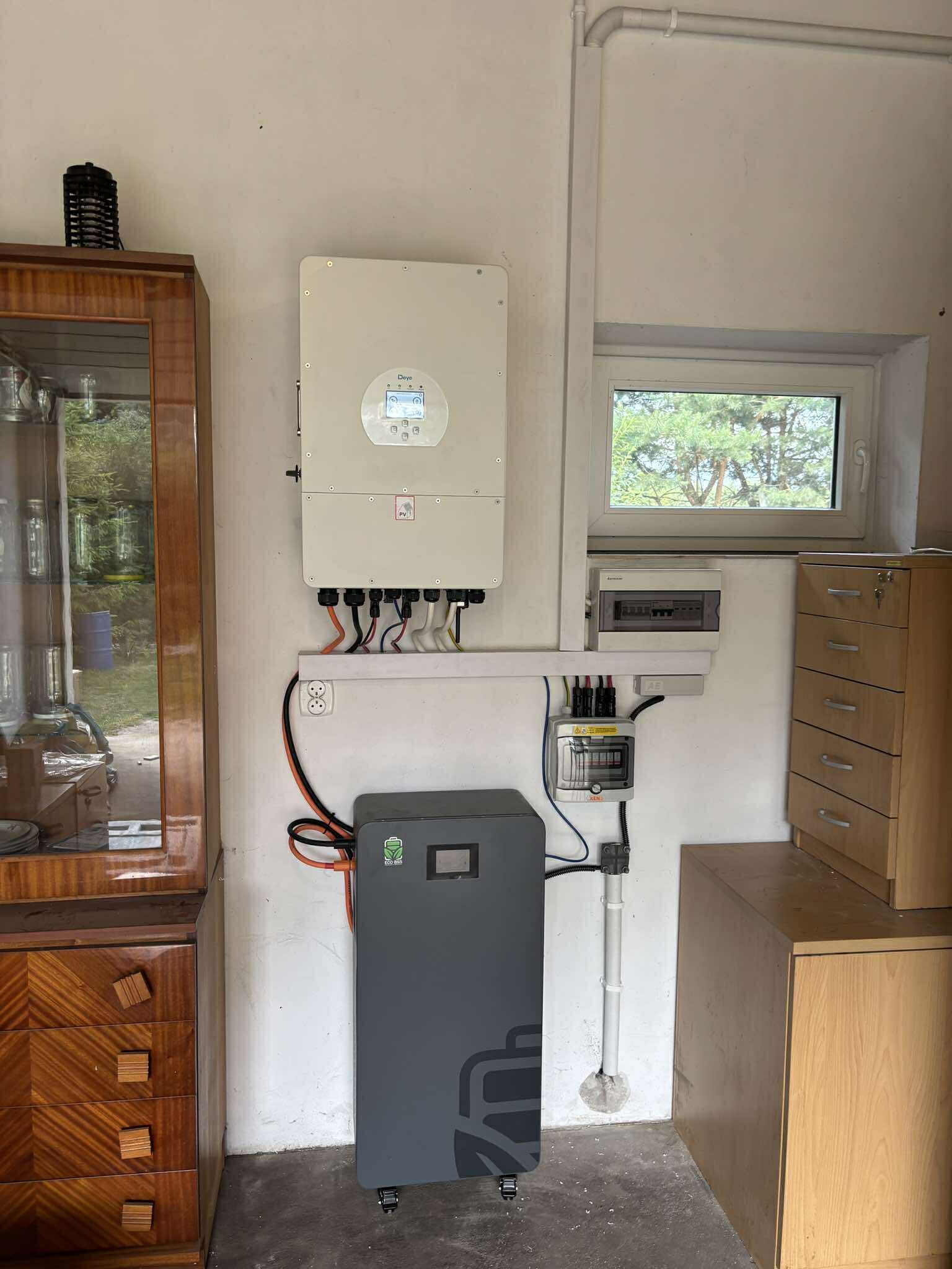 Wnętrze z zamontowanym inwerterem fotowoltaicznym, akumulatorem energii i rozdzielnicą elektryczną. Widoczne kable i przewody. Obok stoją meble.
